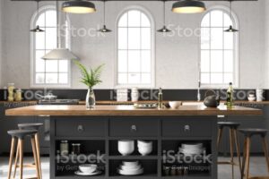 Black industrial kitchen. Render image. kitchen remodeling