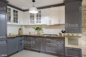 interior of modern luxury grey and white wooden kitchen kitchen countertops