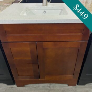 brown vanity with quartz top
