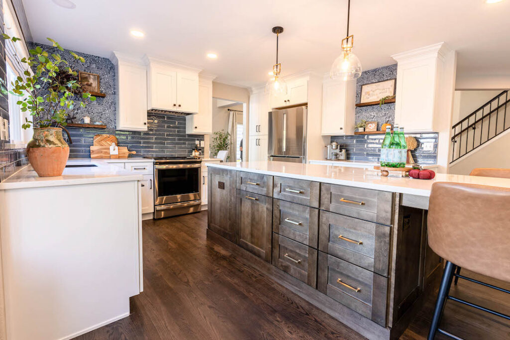 mix of brown kitchen cabinets with white kitchen remodel